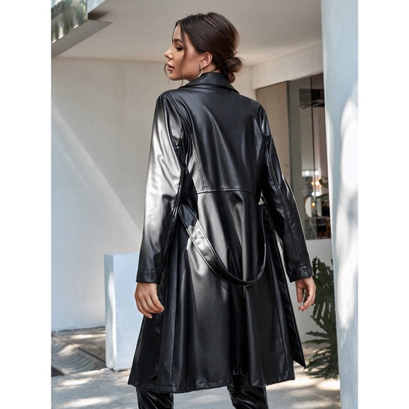 minimalist vegan leather Lapel Collar Belted Trench Coat - Picture 2 of 2